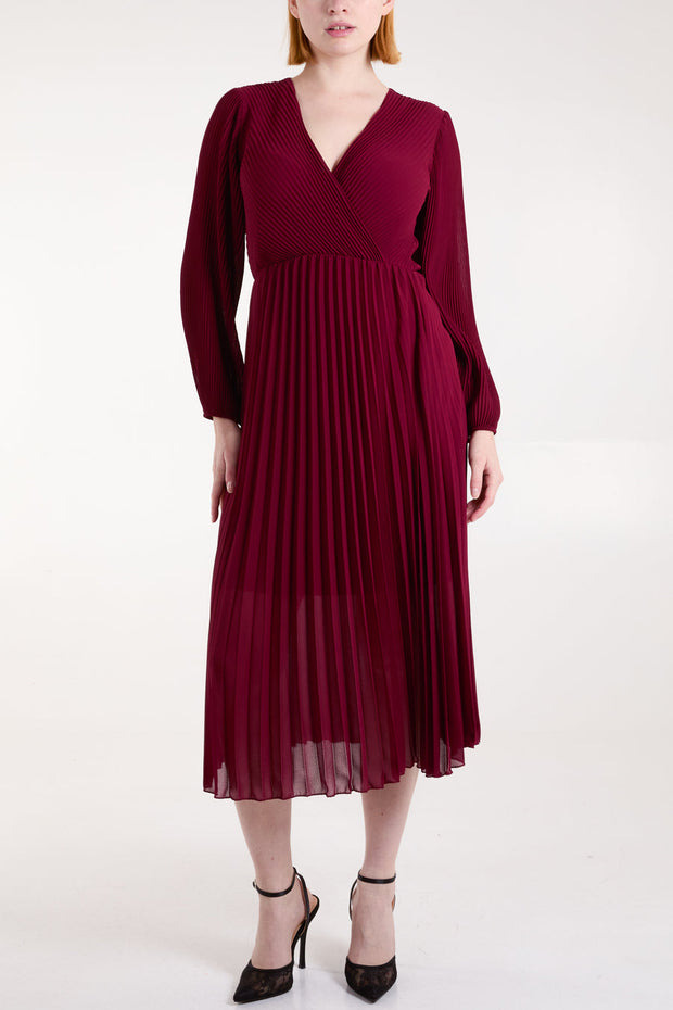 Wine Pleated Midi Dress