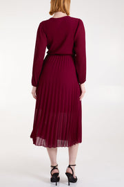 Wine Pleated Midi Dress