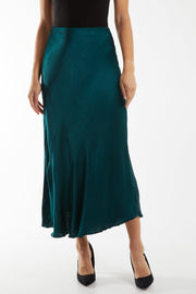 BOTTLE GREEN SATIN MIDI SKIRT