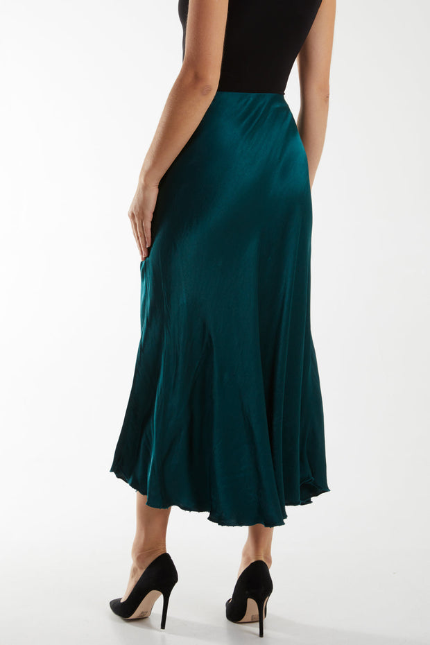 BOTTLE GREEN SATIN MIDI SKIRT