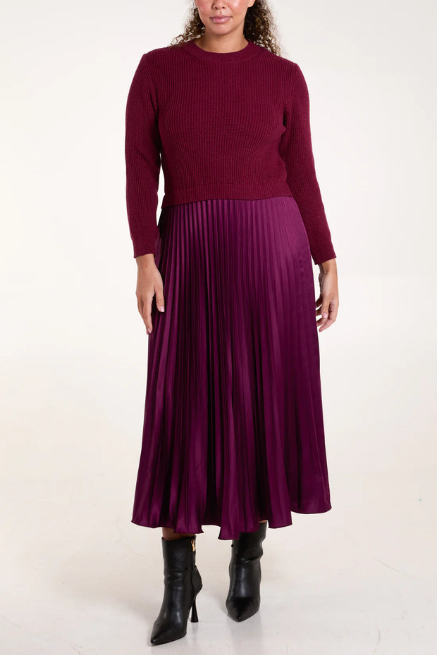 Wine Knitted Pleated Skirt Midi Dress