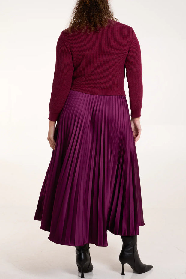 Wine Knitted Pleated Skirt Midi Dress