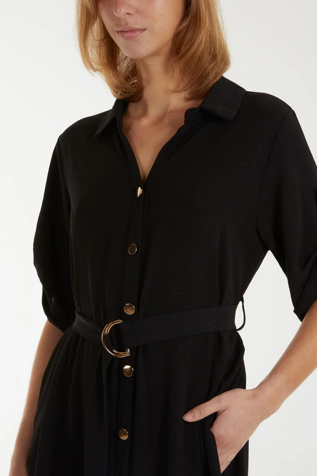 Black Roll Sleeve Belted Shirt Dress