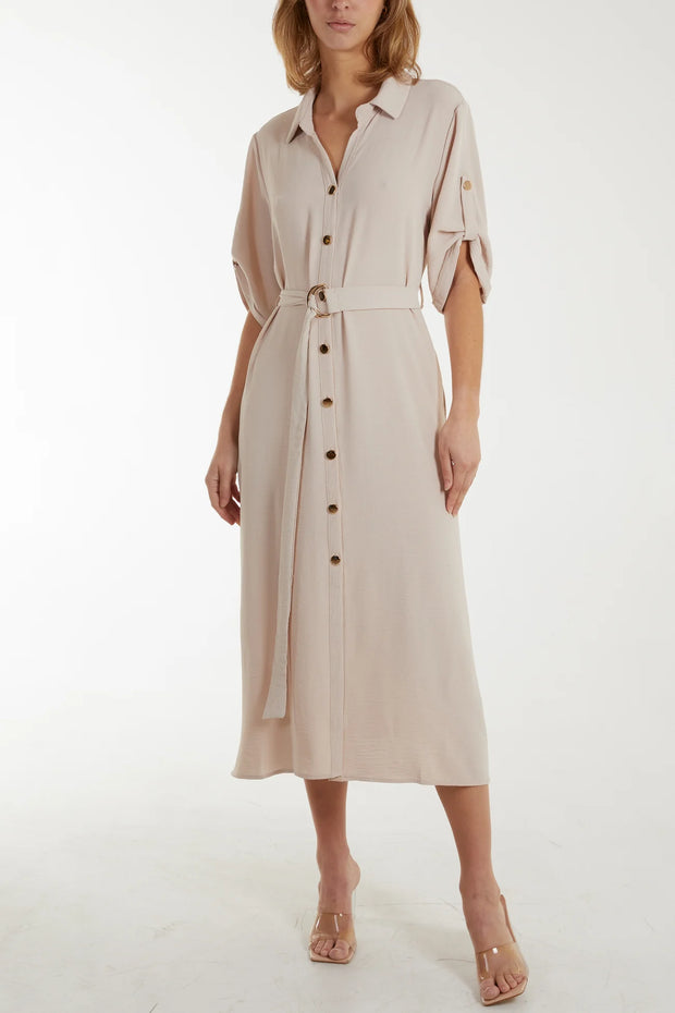 Stone Roll Sleeve Belted Shirt Dress