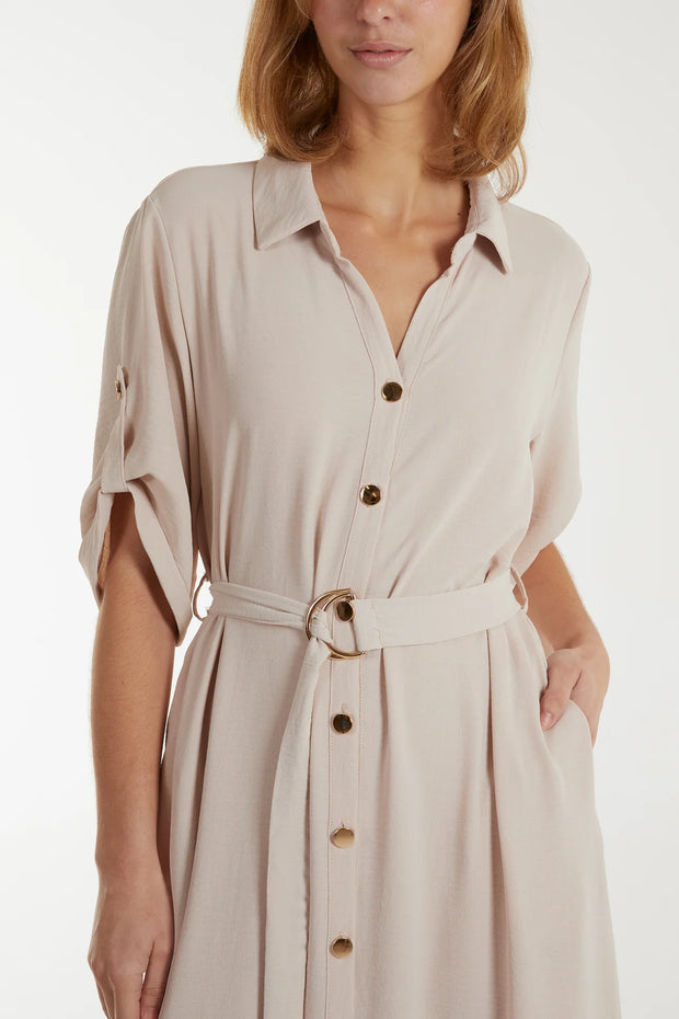 Stone Roll Sleeve Belted Shirt Dress