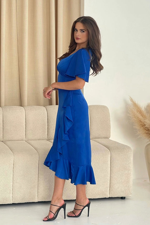 Cobalt Blue V Neck Frill Midi Dress