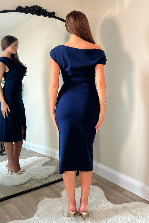 Navy Asymetric Shoulder Midi Dress