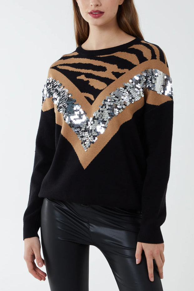 Black & Camel Sequin Round Neck Sweater