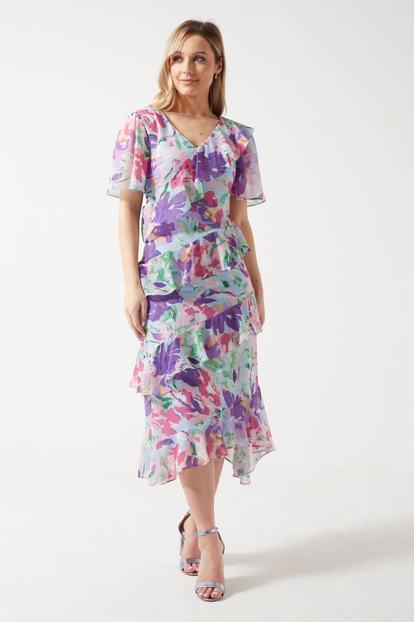 Watercolour Frill Detail Short Sleeve Midi Dress